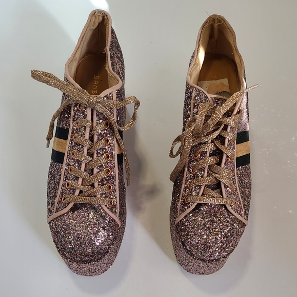 Bamboo rose gold glitter wedge lace sneakers gold and black stripe size 10 - Picture 2 of 6
